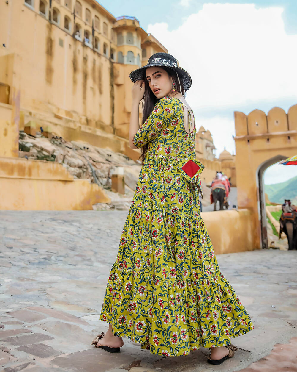 Designer Partywear Printed Yellow Pure Maslin Gown - Anbazaar | Grocsy