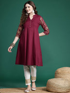 Sangria Printed Sleeves A-Line Pure Cotton Kurta | Grocsy