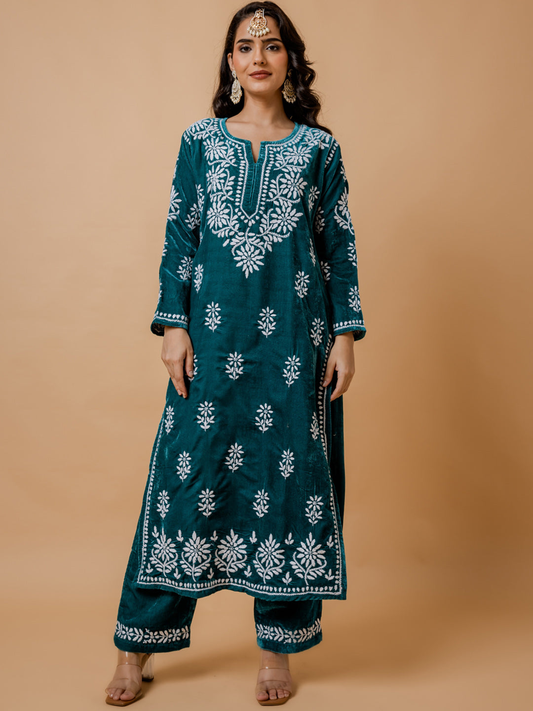 HOUSE OF KARI Ethnic Motifs Embroidered Chikankari Velvet Kurta With Trousers | Grocsy