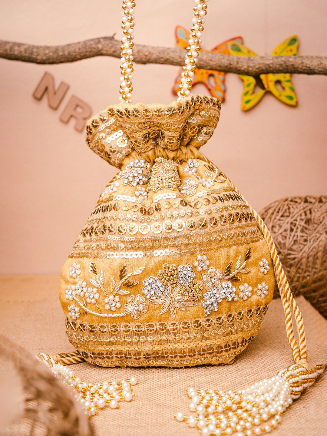 NR By Nidhi Rathi Women Gold Embroidered Potli Bag | Grocsy
