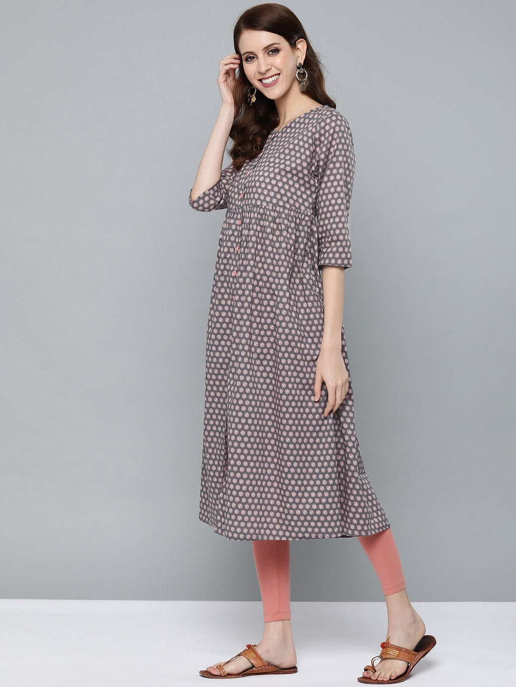 HERE&NOW Women Grey & Pink Floral Print Empire A-Line Kurta | Grocsy