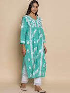 HOUSE OF KARI Floral Embroidered Chikankari Cotton A-Line Kurta | Grocsy