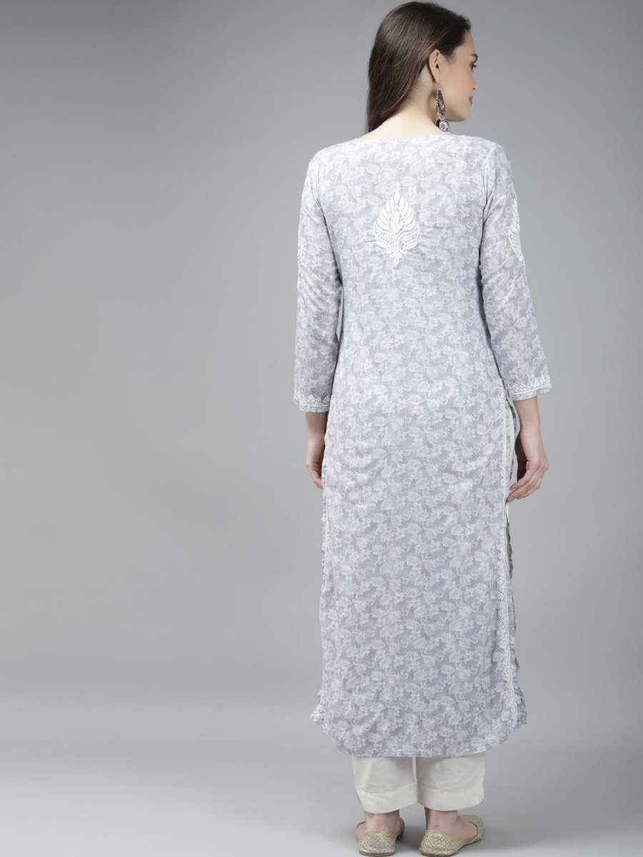 ADA Women Grey & White Floral Chikankari Cotton Handloom Kurta | Grocsy