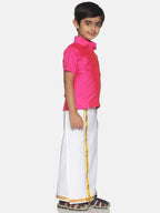 Sethukrishna Boys Pink & White Solid Shirt and Veshti | Grocsy