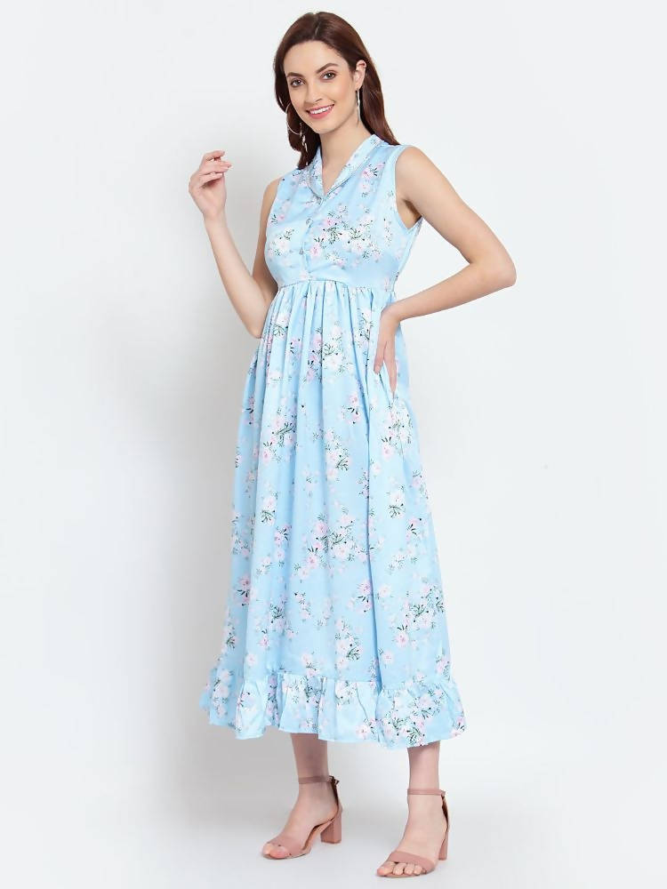 Myshka Women's Sky Blue Printed Cotton Blend Sleeveless Coller Casual Dress | Grocsy