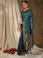 Sangria Blue Floral Woven Design Zari Kanjeevaram Saree | Grocsy