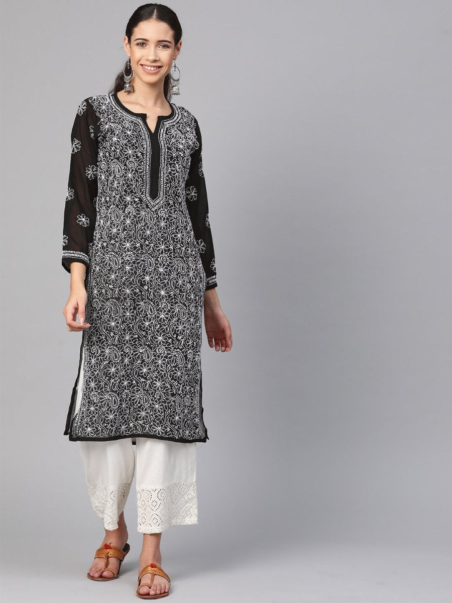 ADA Women Black & White Chikankari Hand Embroidered Semi-Sheer Straight Sustainable Handloom Kurta | Grocsy