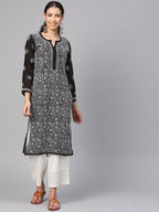 ADA Women Black & White Chikankari Hand Embroidered Semi-Sheer Straight Sustainable Handloom Kurta | Grocsy