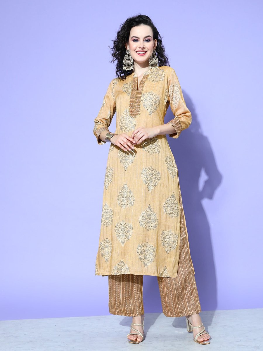 All About You Beige Floral Printed Regular Gotta Patti Liva Kurta With Palazzos | Grocsy