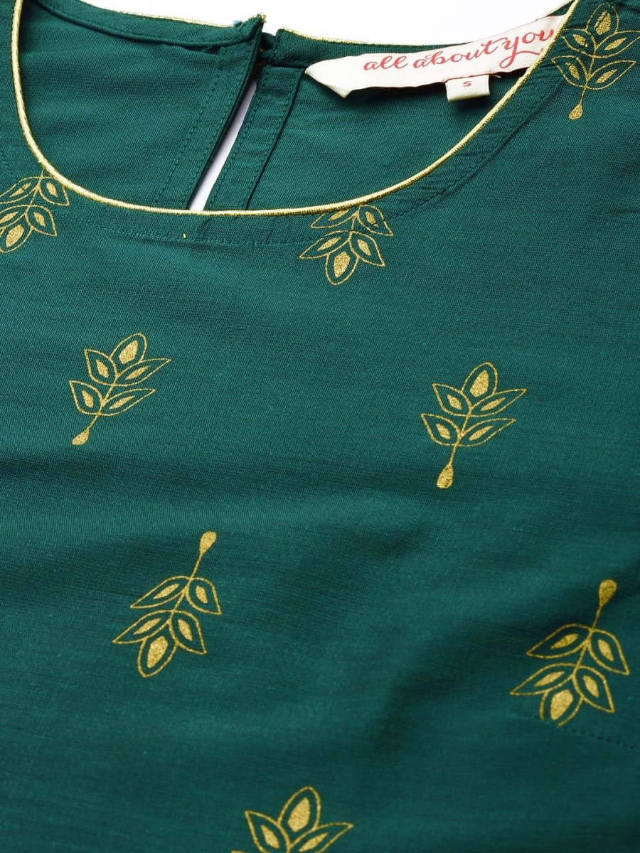 All About You Women Teal Green Ethnic Motifs Kurta with Trousers | Grocsy