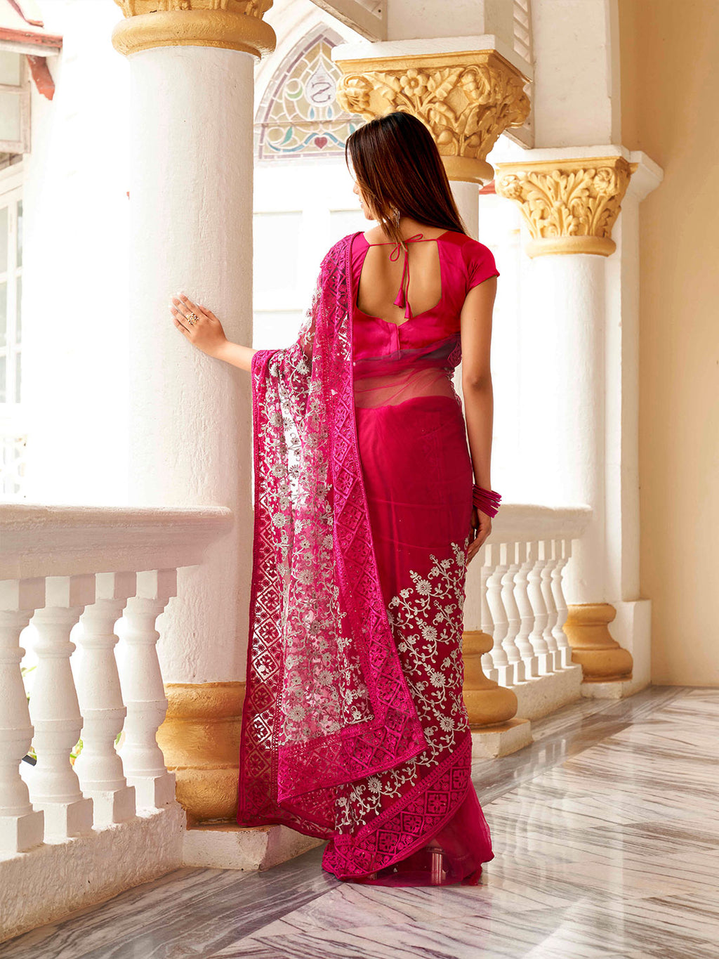 Tikhi Imli Embellished Beads and Stones Net Heavy Work Saree | Grocsy