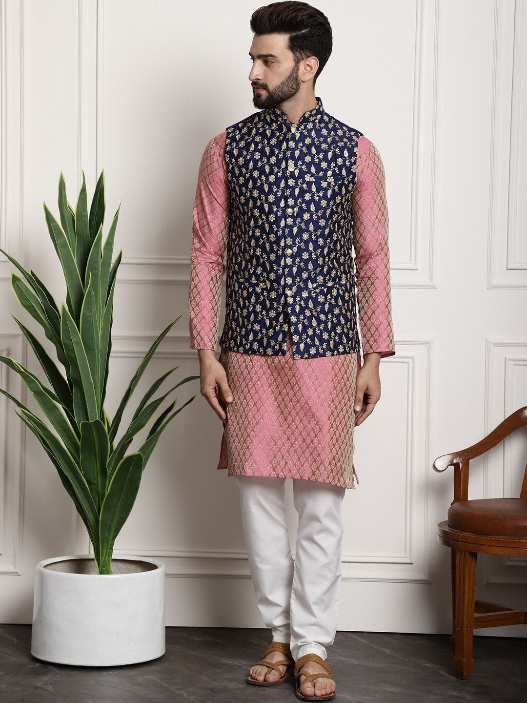 Sojanya Woven Design Mandarin Collar Kurta with Churidar & Nehru Jacket | Grocsy