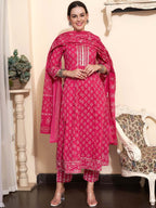 Sangria Printed & Embroidered Pure Cotton A-Line Kurta With Trouser & Dupatta | Grocsy
