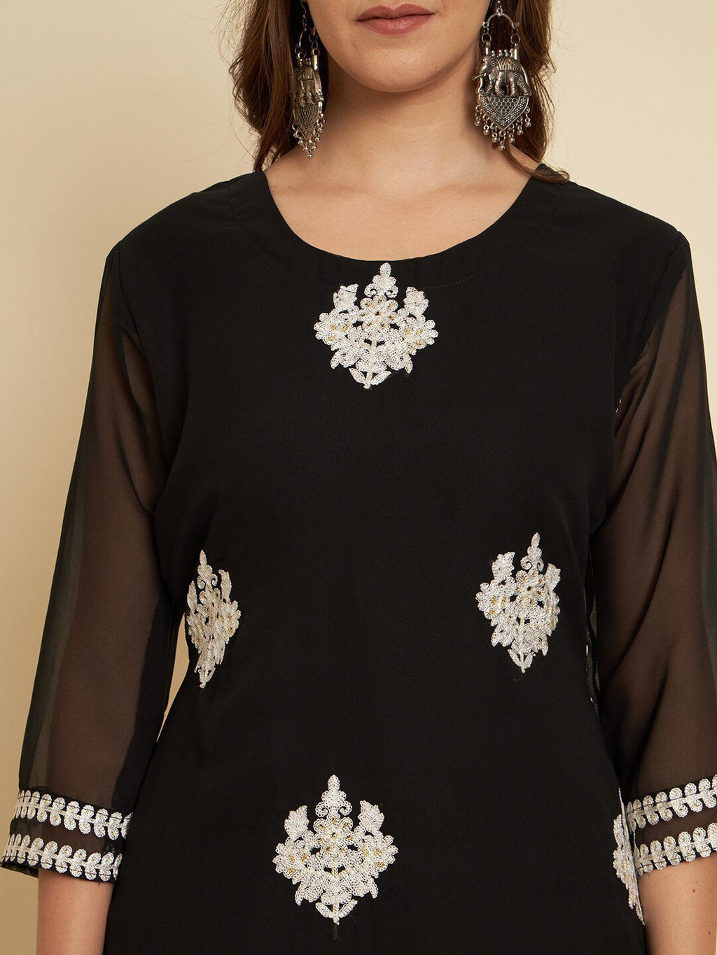 HERE&NOW Black & White Ethnic Motifs Chikankari Embroidered Georgette Kurta | Grocsy
