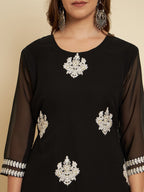 HERE&NOW Black & White Ethnic Motifs Chikankari Embroidered Georgette Kurta | Grocsy