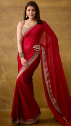 Joban Fashion Red Fandy Satin Silk Party Wear Sarees | Grocsy