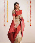 DEIANA'S Beautiful Designer Golden zari Soft Lichi Silk Saree - Cream | Grocsy