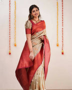 DEIANA'S Beautiful Designer Golden zari Soft Lichi Silk Saree - Cream | Grocsy