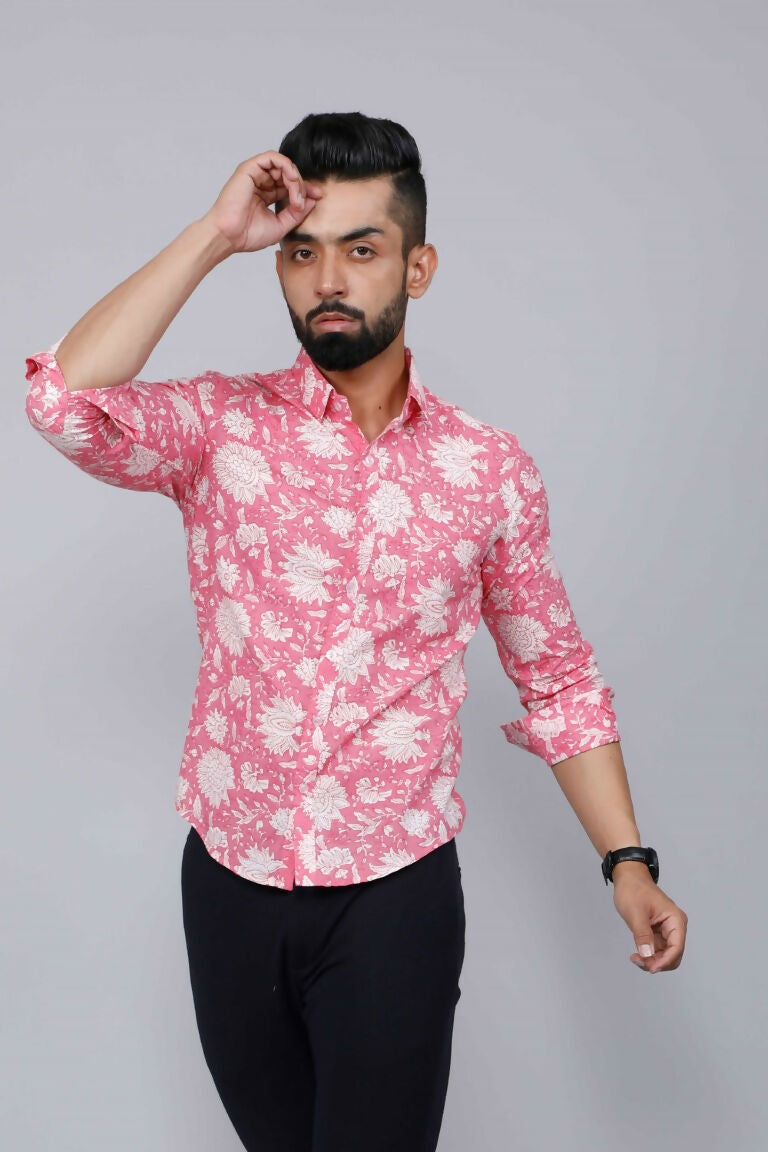 Miravan Men's Pink Floral Print Comfort Cotton Casual Shirt | Grocsy