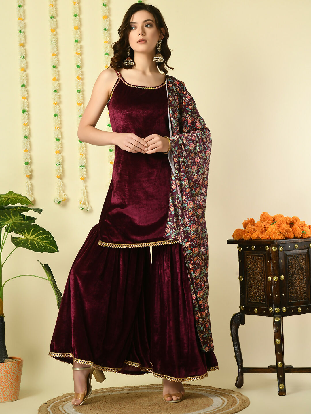 Myshka Women's Magenta Velvet Kurti & Sharara With Dupatta Party Sets | Grocsy