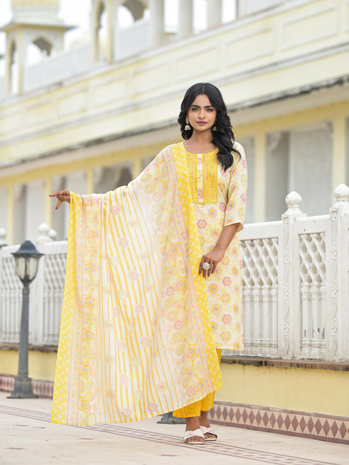 Juniper Women's Yellow Floral Printed Cotton Kurta Pant With Dupatta Set With Sequins & Thread Work | Grocsy