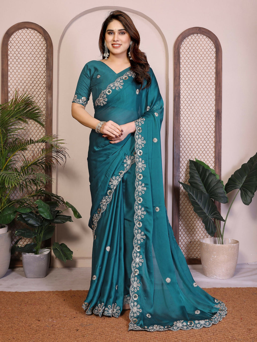 Teeya Creation New Trendy Party Wear Soft Satin Chiffon Saree-Teal | Grocsy
