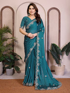 Teeya Creation New Trendy Party Wear Soft Satin Chiffon Saree-Teal | Grocsy