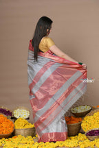 Very Much Indian Rajsi - Handloom Ari Checks Cotton Silk Saree With Golden Border - Grey | Grocsy