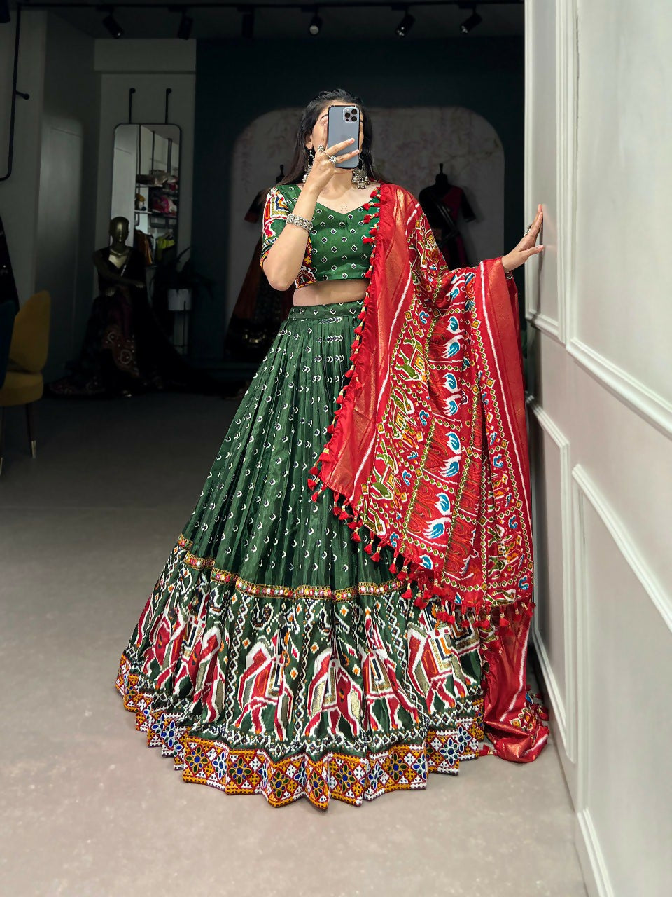 Vastranavya Navaratri Special Dola Silk Patola Print With Gamthi Work Lace Border Lehenga with Stitched Blouse - Green | Grocsy