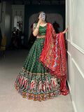 Vastranavya Navaratri Special Dola Silk Patola Print With Gamthi Work Lace Border Lehenga with Stitched Blouse - Green | Grocsy