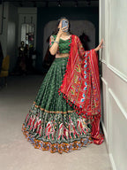 Vastranavya Navaratri Special Dola Silk Patola Print With Gamthi Work Lace Border Lehenga with Stitched Blouse - Green | Grocsy