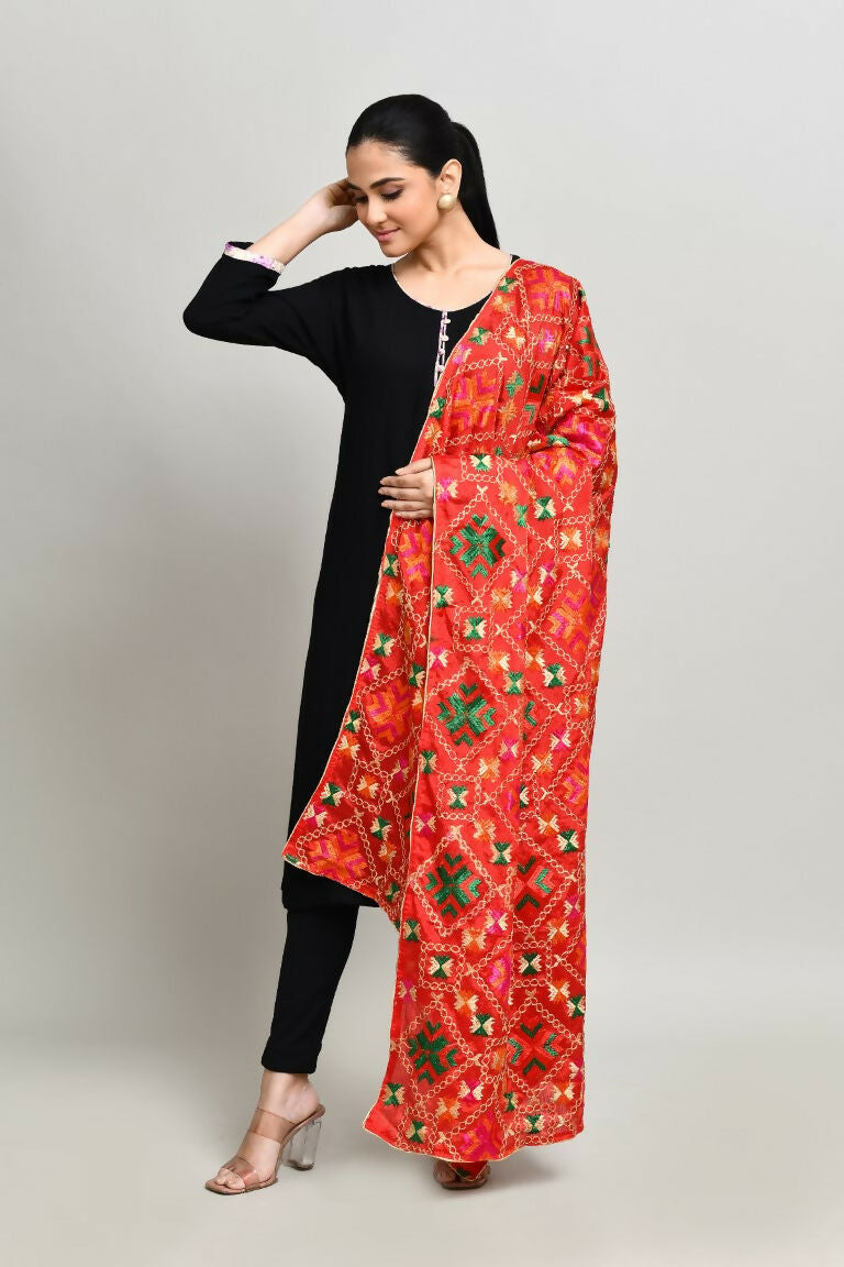 Joban Fashion Multi Color Cotton Embroidery Work Phulkari Dupatta | Grocsy