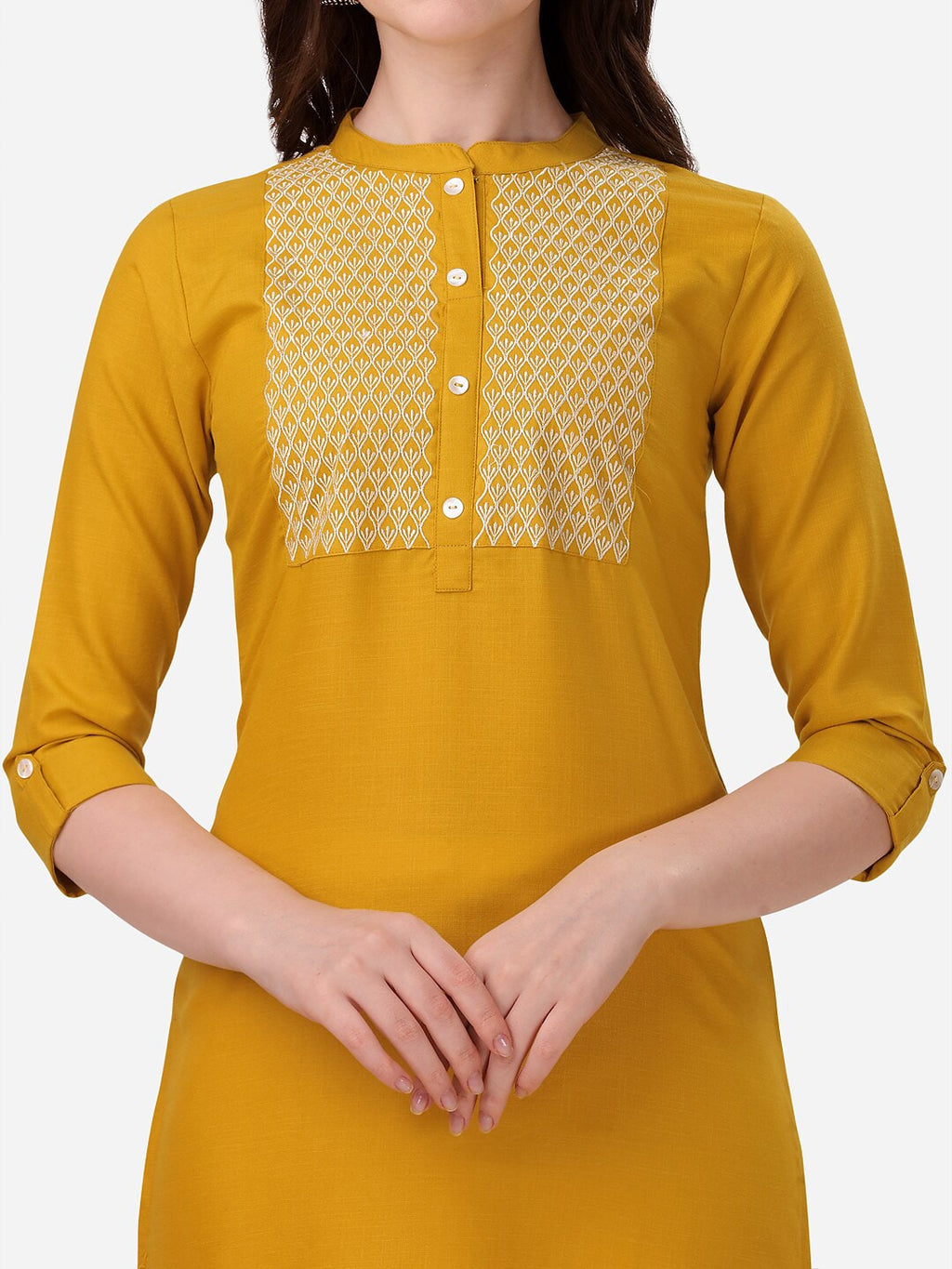 HERE&NOW Yoke Design Mandarin Collar Thread Work Cotton Kurta | Grocsy