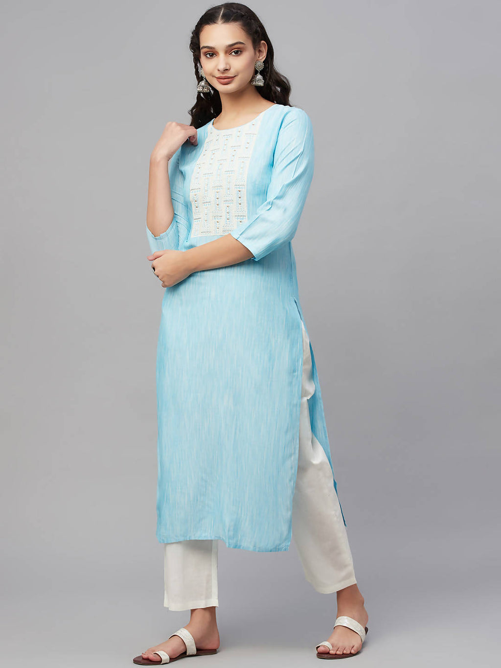 Myshka Turquoise Embroidered 3/4 Sleeve Round Neck Kurta Pant Dupatta Set | Grocsy