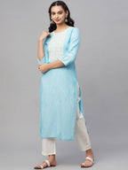 Myshka Turquoise Embroidered 3/4 Sleeve Round Neck Kurta Pant Dupatta Set | Grocsy