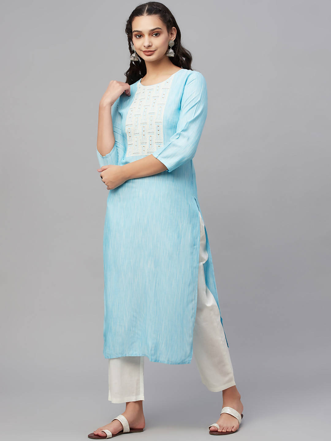 Myshka Turquoise Embroidered 3/4 Sleeve Round Neck Kurta Pant Dupatta Set | Grocsy