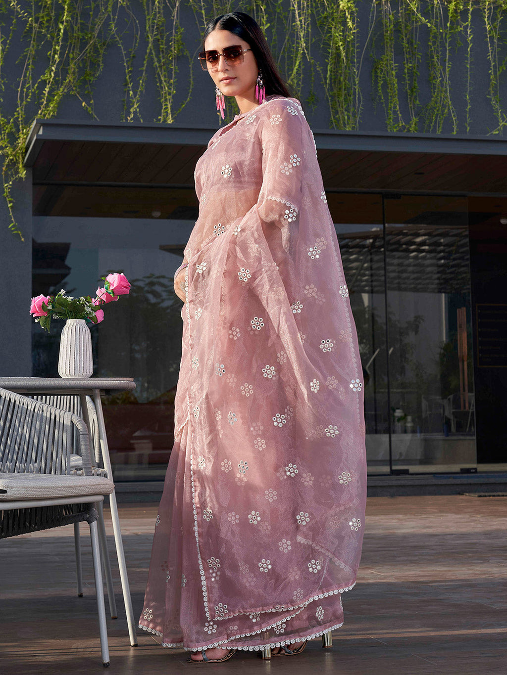 Tikhi Imli Pink Floral Embroidered Mirror Work Organza Saree | Grocsy