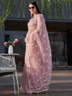 Tikhi Imli Pink Floral Embroidered Mirror Work Organza Saree | Grocsy