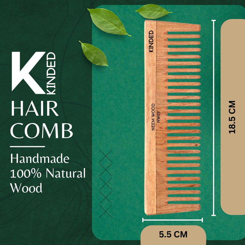 KINDED Handmade Oil Treated Wooden Hair Comb - Neem Wood NW07, Wide Tooth | Grocsy