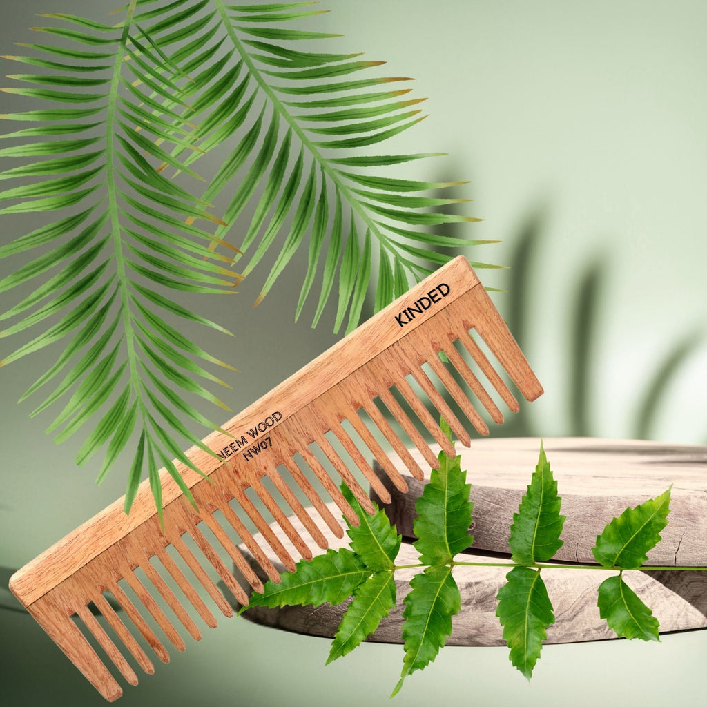KINDED Handmade Oil Treated Wooden Hair Comb - Neem Wood NW07, Wide Tooth | Grocsy