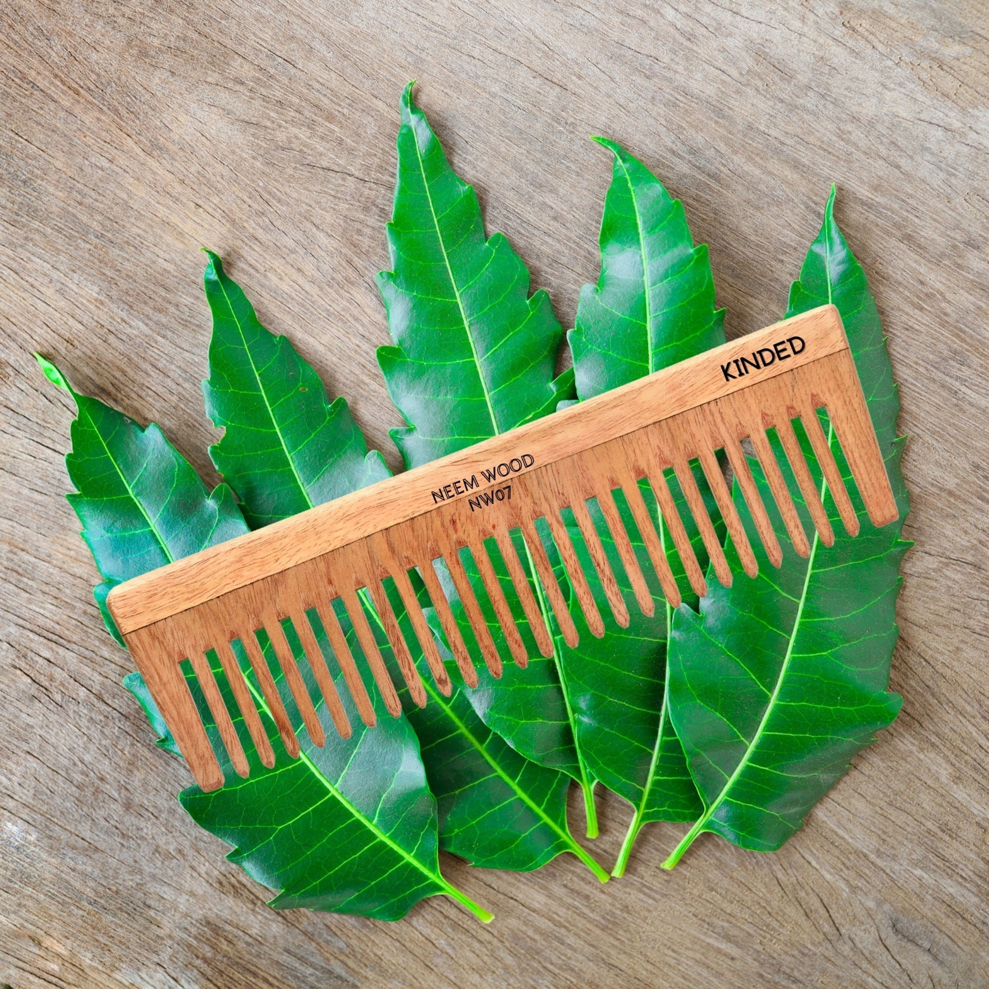 KINDED Handmade Oil Treated Wooden Hair Comb - Neem Wood NW07, Wide Tooth | Grocsy