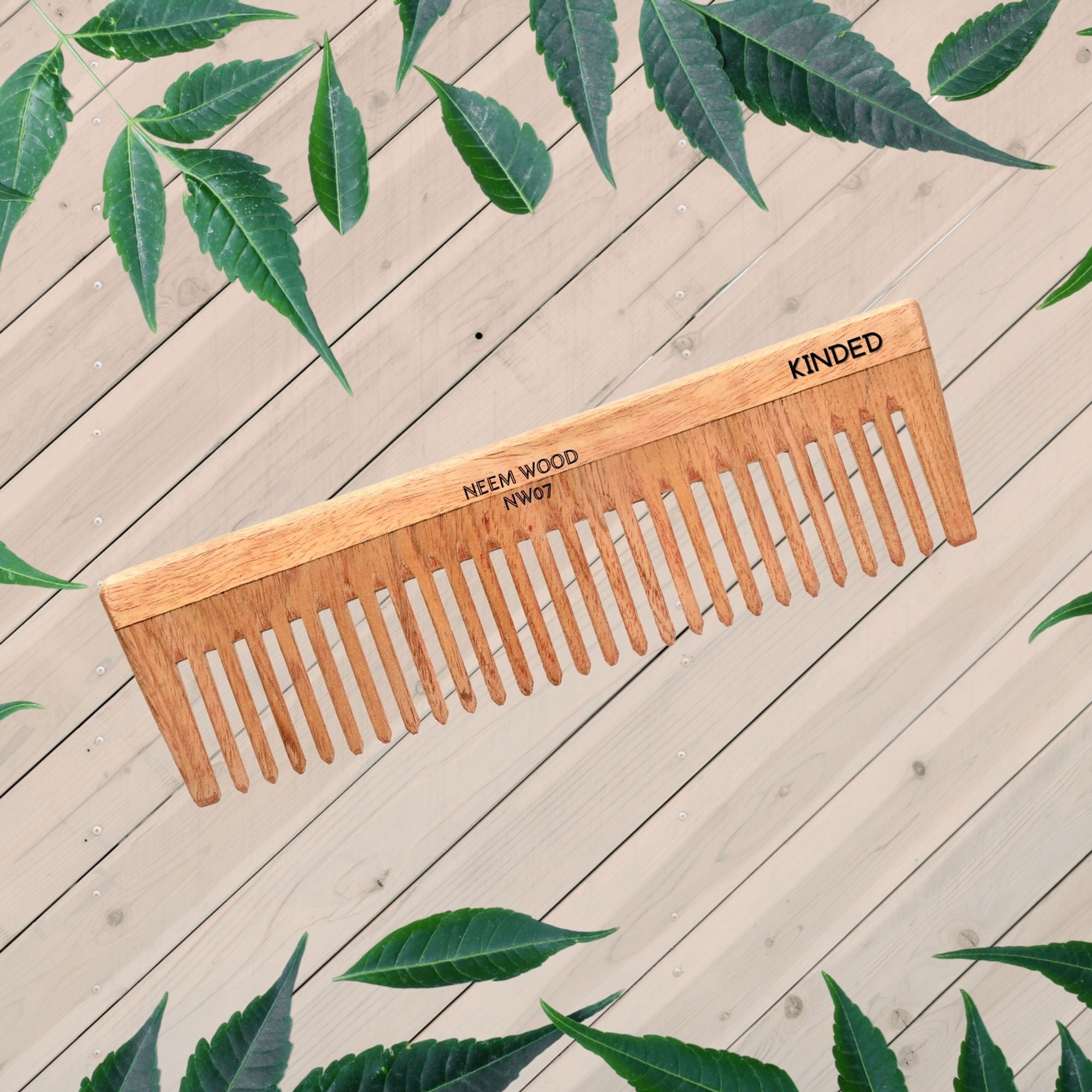KINDED Handmade Oil Treated Wooden Hair Comb - Neem Wood NW07, Wide Tooth | Grocsy