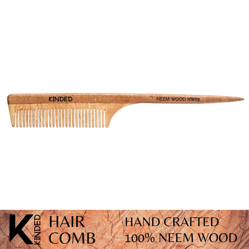 KINDED Handmade Oil Treated Wooden Hair Comb - Neem Wood NW09, Regular Tooth Tail Comb | Grocsy