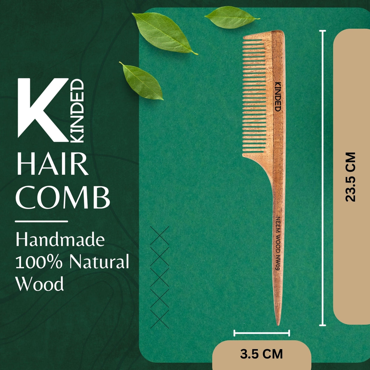 KINDED Handmade Oil Treated Wooden Hair Comb - Neem Wood NW09, Regular Tooth Tail Comb | Grocsy
