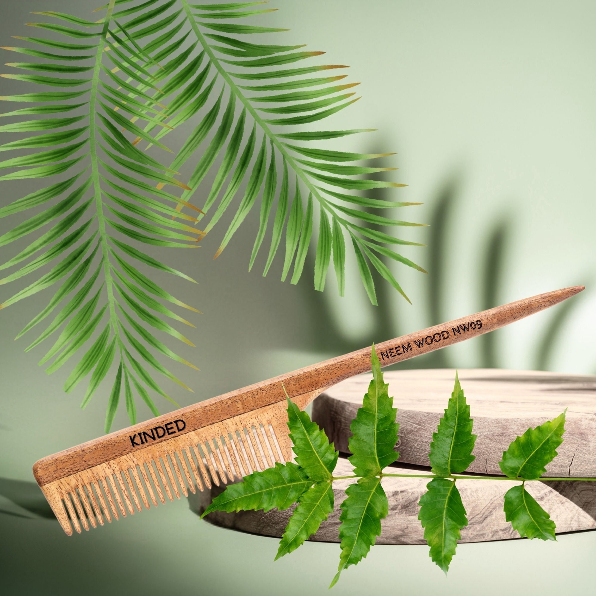 KINDED Handmade Oil Treated Wooden Hair Comb - Neem Wood NW09, Regular Tooth Tail Comb | Grocsy