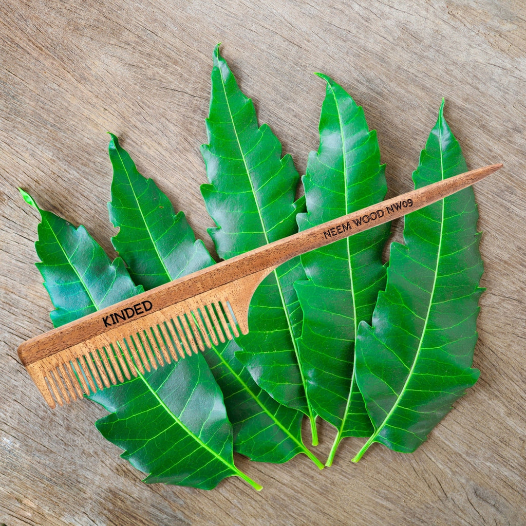 KINDED Handmade Oil Treated Wooden Hair Comb - Neem Wood NW09, Regular Tooth Tail Comb | Grocsy