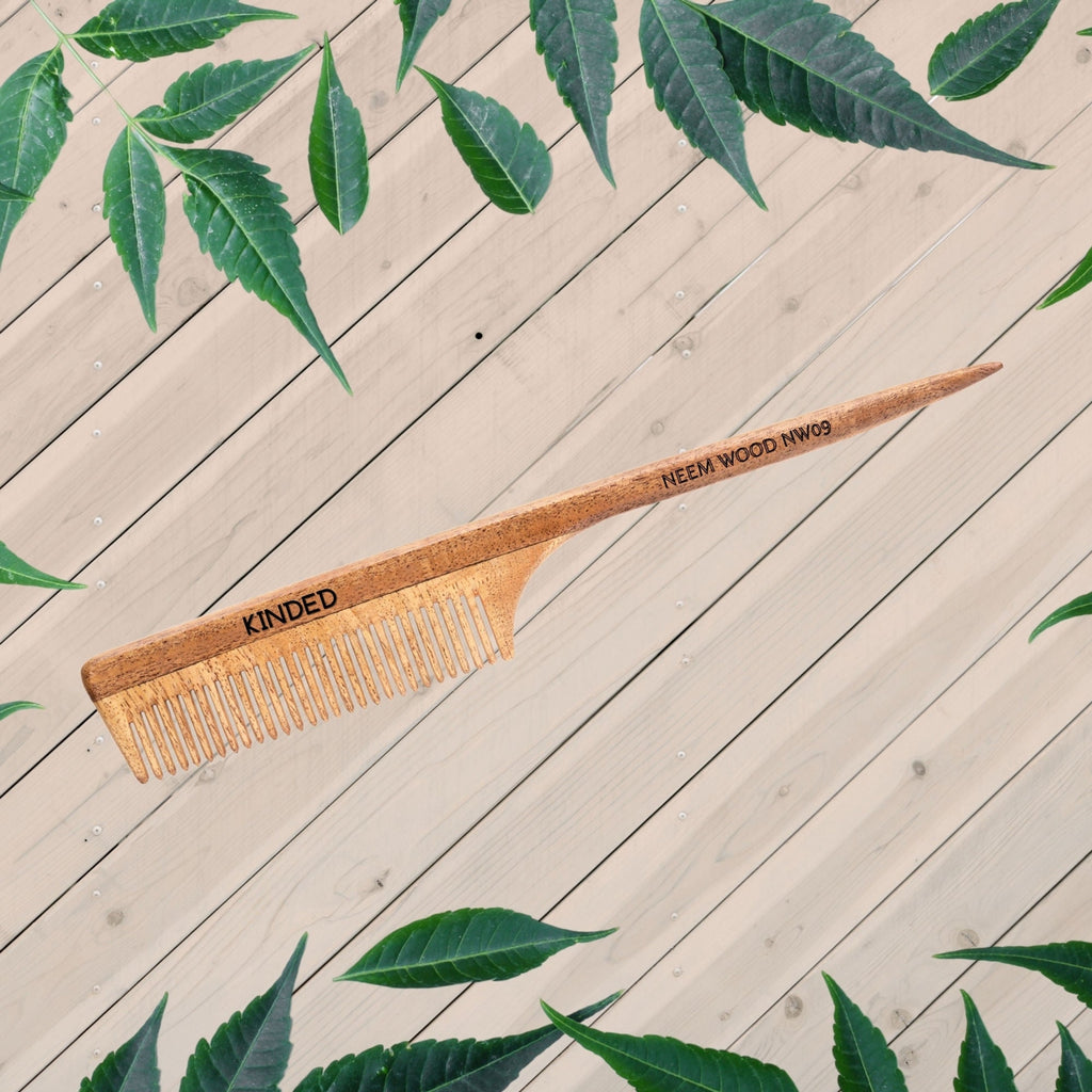 KINDED Handmade Oil Treated Wooden Hair Comb - Neem Wood NW09, Regular Tooth Tail Comb | Grocsy