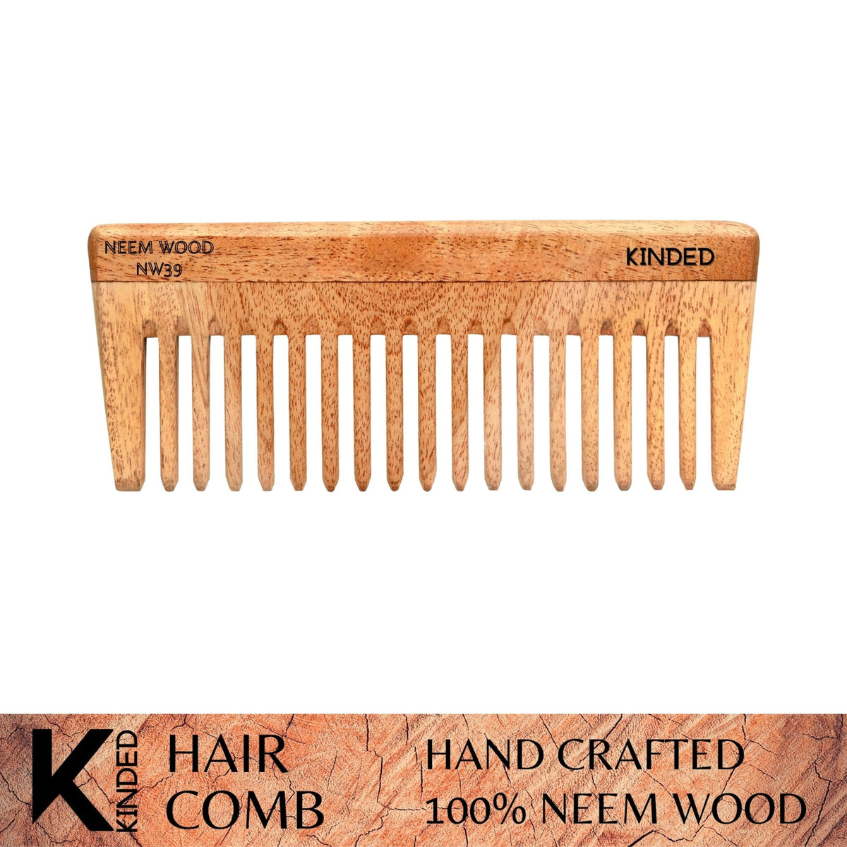 KINDED Handmade Oil Treated Wooden Hair Comb - Neem Wood NW39, Wide Tooth | Grocsy