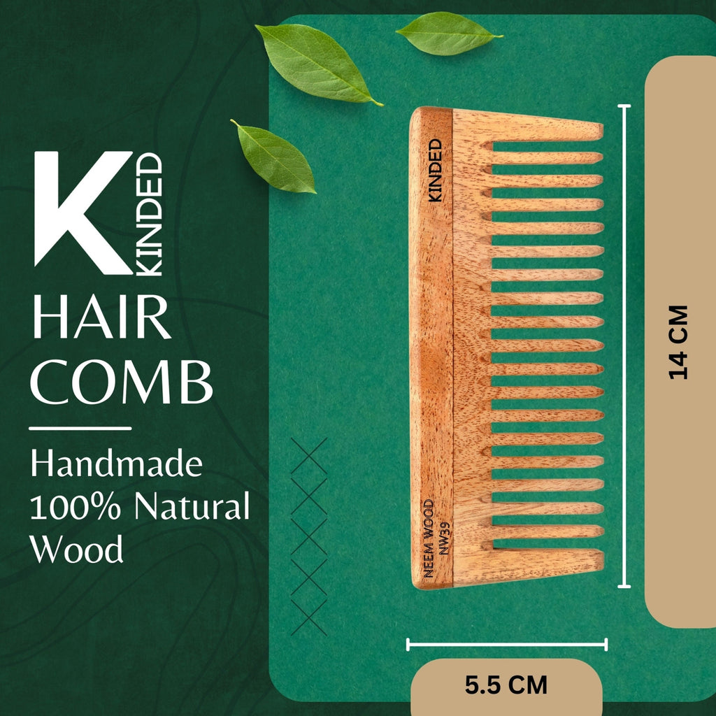 KINDED Handmade Oil Treated Wooden Hair Comb - Neem Wood NW39, Wide Tooth | Grocsy