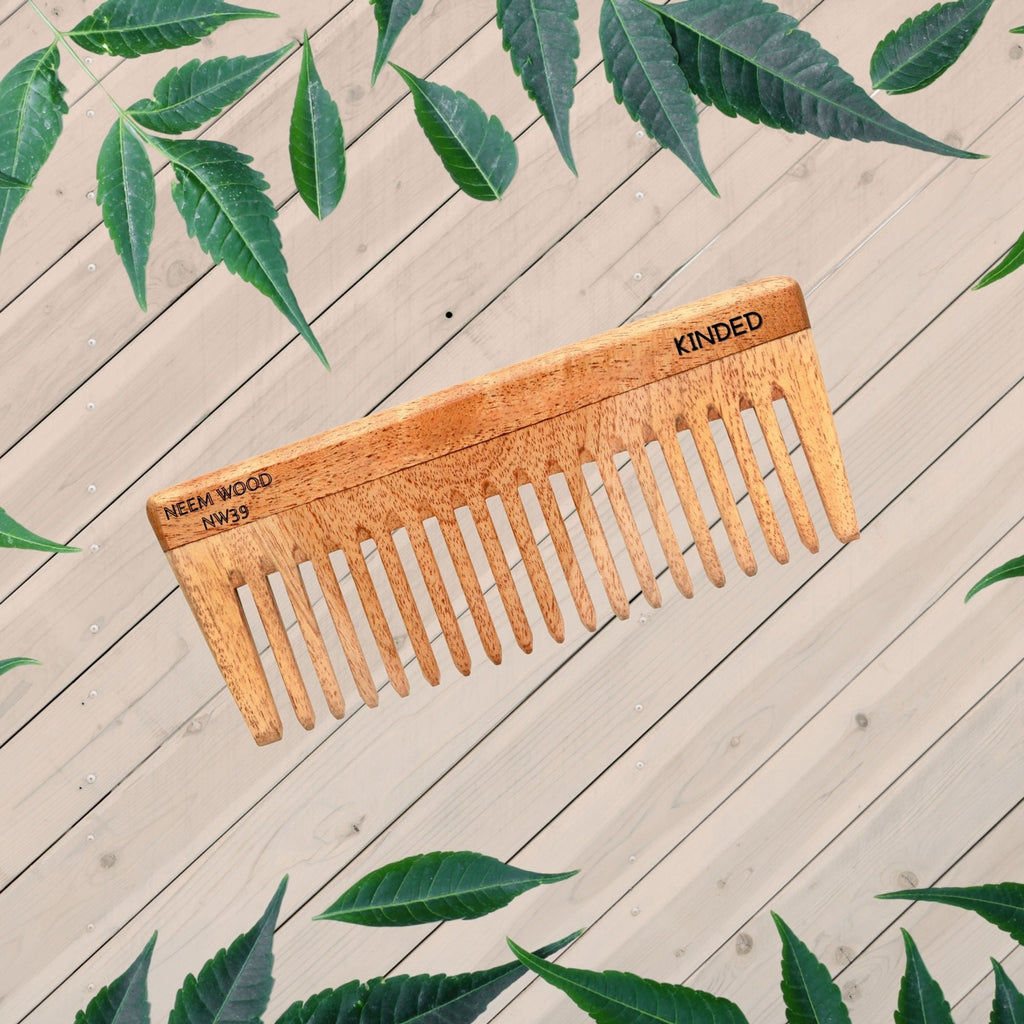 KINDED Handmade Oil Treated Wooden Hair Comb - Neem Wood NW39, Wide Tooth | Grocsy